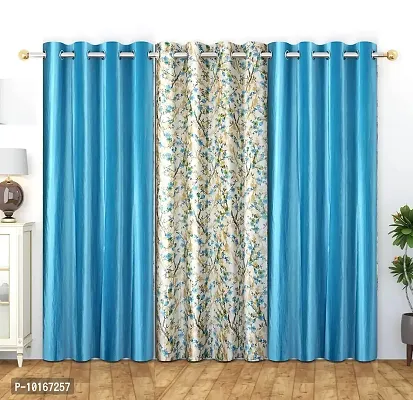 VJK FAB Flower & Plain Design Curtains for Window, Door, Long Door, Drawing Room, Bedroom, Living Room (VJK-LC-Flower 1 & Plain 2-SETOF3-SKY Blue-7) 4x7 Feet, Set of 3 Pcs, Sky Blue
