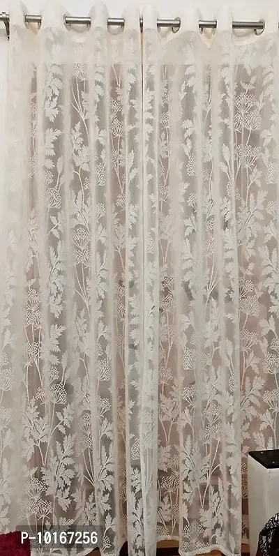 VJK FAB Net Flower Curtains for Window, Door, Long Door, Drawing Room. Living Room. Pooja Room (4X7 Feet ) Set of 3 Pcs (VJK-NET-FLORAL-SETOF3-WHITE-7) White-thumb3