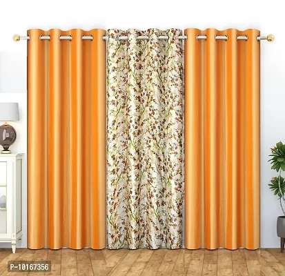 VJK FAB Flower & Plain Design Curtains for Window, Door, Long Door, Drawing Room, Bedroom, Living Room (VJK-LC-Flower 1 & Plain 2-SETOF3-ORANGE-9) 4x9 Feet, Set of 3 Pcs, Orange