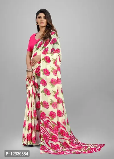 Stylish Pink Floral Printed Georgette Saree With Blouse Piece For Women