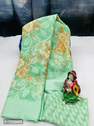 Stylish Light green Printed Brasso Saree With Blouse Piece For Women