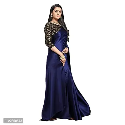 Sanwariya Silks Women's Trendy Satin Plain Saree with Unstitched Blouse Piece (Matka Navy Blue)-thumb4