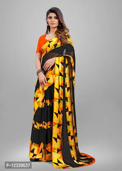 Stylish Yellow Printed Georgette Saree With Blouse Piece For Women