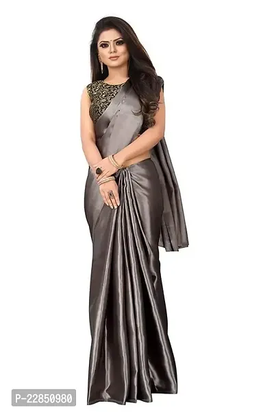 Sanwariya Silks Women's Trendy Satin Plain Saree with Unstitched Blouse Piece (PAVITRA GREY)