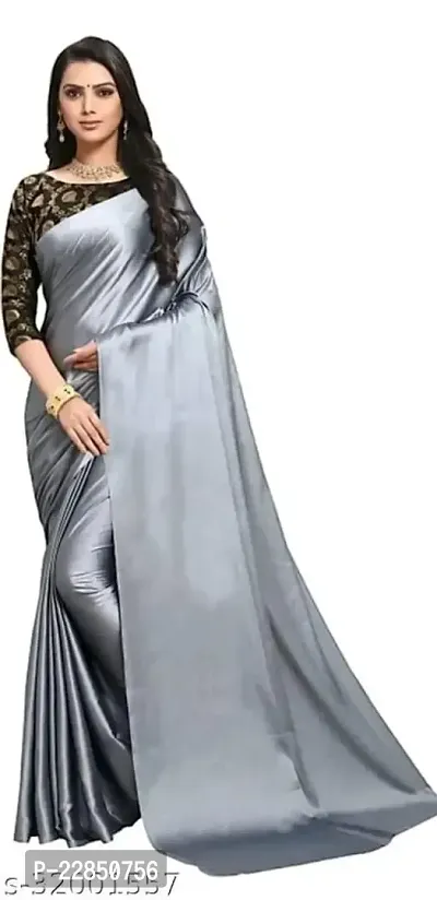 Sanwariya Silks Women's Trendy Satin Plain Saree with Unstitched Blouse Piece (KAMAKHYA_GREY)