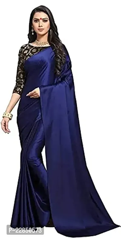 Sanwariya Silks Women's Trendy Satin Plain Saree with Unstitched Blouse Piece (Matka Navy Blue)-thumb0