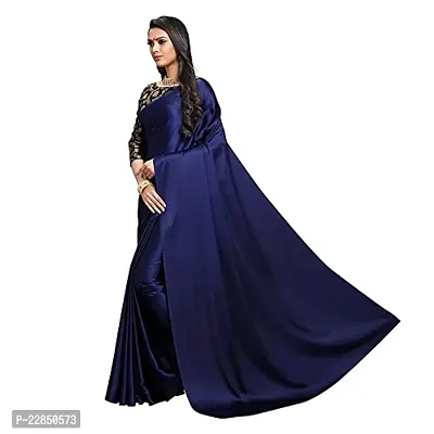 Sanwariya Silks Women's Trendy Satin Plain Saree with Unstitched Blouse Piece (Matka Navy Blue)-thumb3