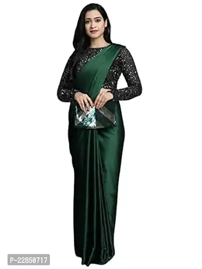Sanwariya Silks Women's Trendy Satin Plain Saree with Unstitched Blouse Piece (Khichdi Dark Green)