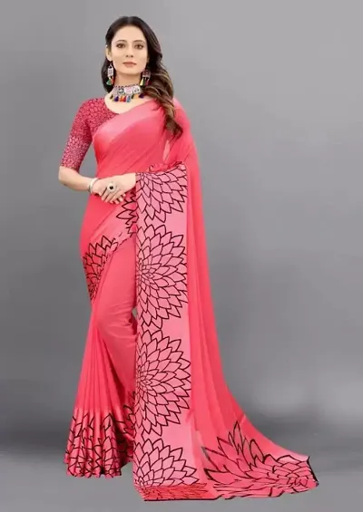 Georgette Satin Patta Printed Sarees with Blouse piece