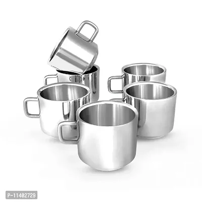 Kneaders Stainless Steel Set of 6 Double Wall Tea Cups- 100 ml Each (Tea Cup Design 2)-thumb2