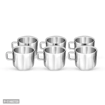 Kneaders Stainless Steel Set of 6 Double Wall Tea Cups- 100 ml Each (Tea Cup Design 2)