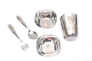 Kneaders Laser Print Stainless Steel Square Lunch  Dinner Set for Kids - 1 Plate, 1 Curry Bowl, 1 Dessert Plate, 1 Glass, 1 Spoon  1 Fork - 8 Plate (for Boys)-thumb4