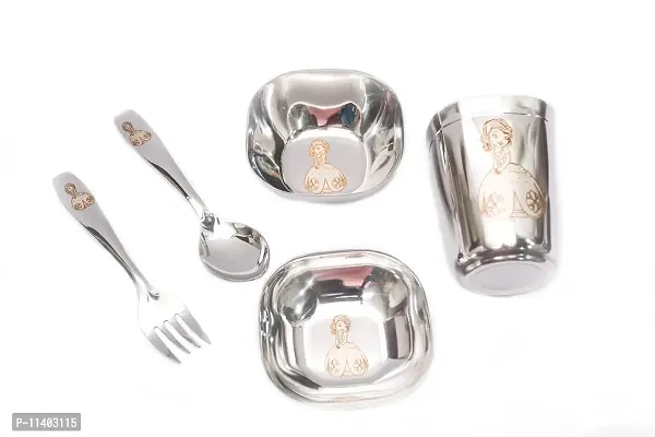 Kneaders Laser Print Stainless Steel Square Lunch  Dinner Set for Kids - 1 Plate, 1 Curry Bowl, 1 Dessert Plate, 1 Glass, 1 Spoon  1 Fork - 8 Plate (for Boys)-thumb5