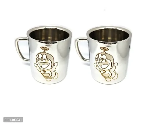 Kneaders Stainless Steel Laser Printed Double Walled Coffee / Tea Mug Set of 2 (150ml Each) for Kids (Cartoon4)-thumb0