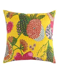 ea ekam art Jaipuri Kantha Gudari Work Cotton Cushion Cover Pair (Yellow, 16 X 16 Inches)-thumb1