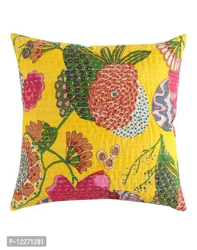 ea ekam art Jaipuri Kantha Gudari Work Cotton Cushion Cover Pair (Yellow, 16 X 16 Inches)-thumb2