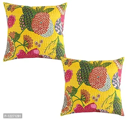 ea ekam art Jaipuri Kantha Gudari Work Cotton Cushion Cover Pair (Yellow, 16 X 16 Inches)-thumb0