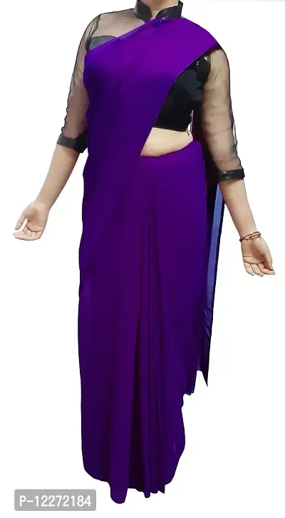 Ekam Art Ethnic Wear Plain Purple Georgette Saree for Women Gift-thumb0