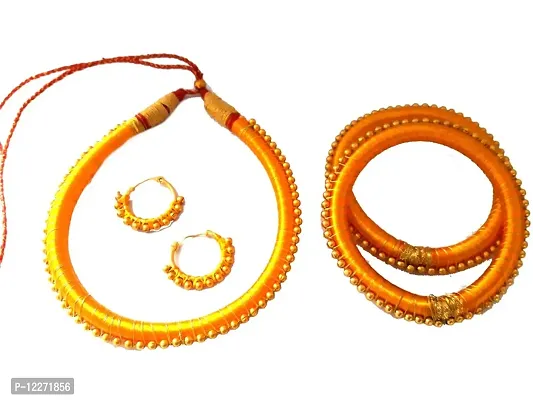 ea ekam art Silk Thread Necklace with Earrings Yellow Color