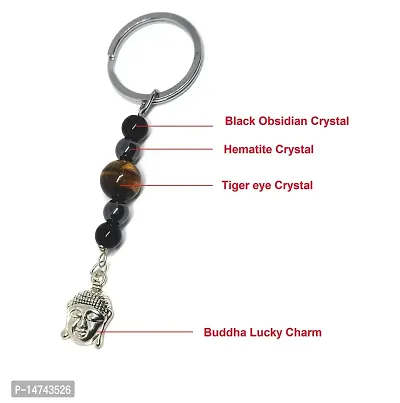 ASTROGHAR Natural Triple Protection Black Obsidian Tiger Eye And Hematite Buddha Crystal Key Chain Key Ring For Chakra And Reiki Healing-thumb2