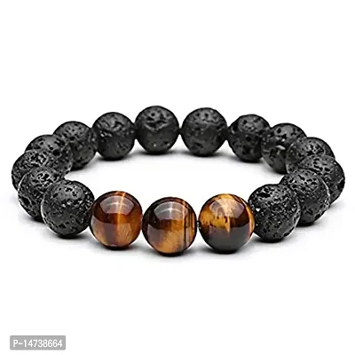 ASTROGHAR Tiger Eye Crystal Stone and Lava Rock Volcanic Beads Stretch Bracelet (Multicolour)