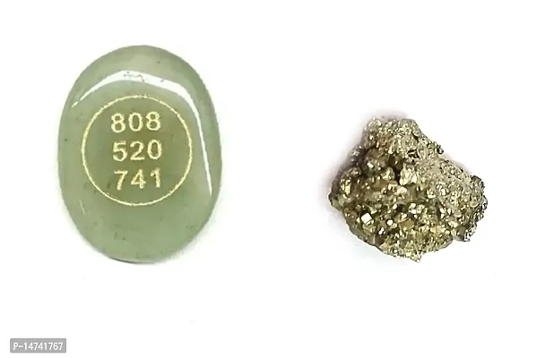 Astroghar Set of Zibu Prosperity Angel Symbol Engraved Natural Green Aventurine Crystal Cabochon and Golden Pyrite Raw Chunk Prosperity Crystal-thumb0