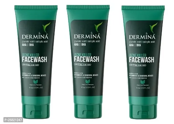 Dermina Facewash With Salicylic Acid With Vitamin E Acetate Gel For Acne Or Pimples Face Wash (60 G) - Pack Of 3-thumb0