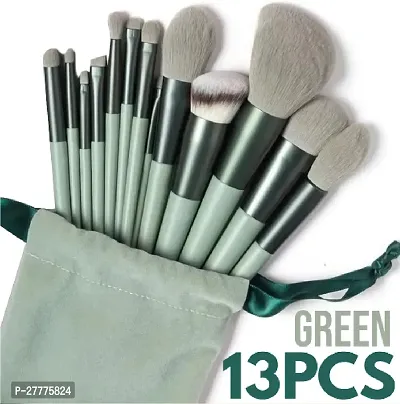 13pc Makeup Brush Set with soft fluffy pouch cosmetic makeup brush set pack of 13 with travel bag (green)-thumb0