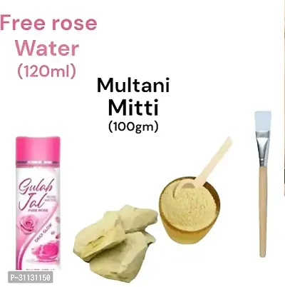 Natural Herbal Multani Mitti Face Powder (200 gm), Single Stick Brush, Gulab jal, Rose Water, Pack of 3