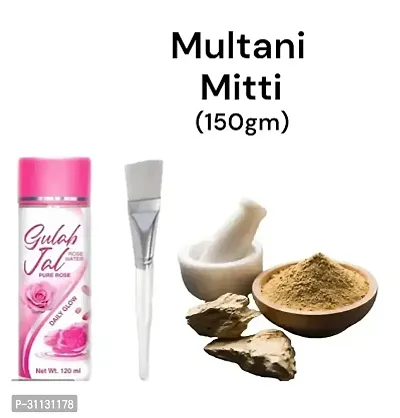 Face Pack Multaani mitti Powder 200gm, Rose water120ml, Brush-thumb0