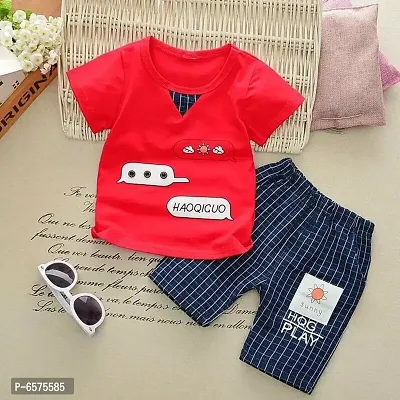 Red Color Pure Cotton Short Sleeve T-shirt and Shorts Set for Boys and Girl-thumb0