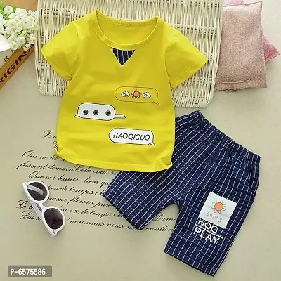 Yellow Color Pure Cotton Short Sleeve T-shirt and Shorts Set for Boys and Girl-thumb0