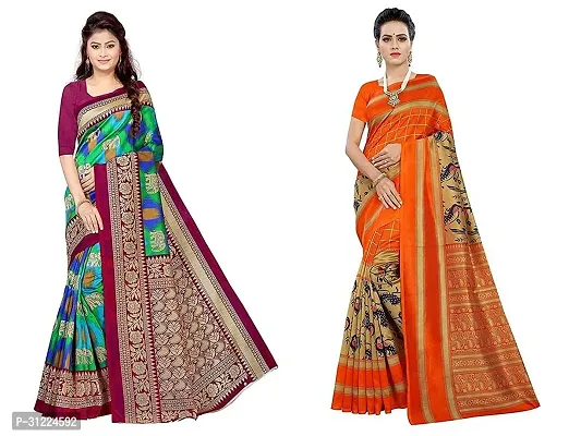 Stylish Polycotton Printed Saree For Women Pack Of 2-thumb0