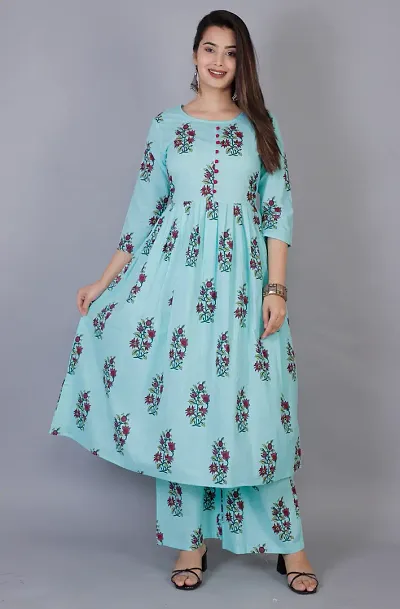 MAUKA - Turquoise Anarkali Cotton Women's Stitched Salwar Suit ( Pack of 1 )