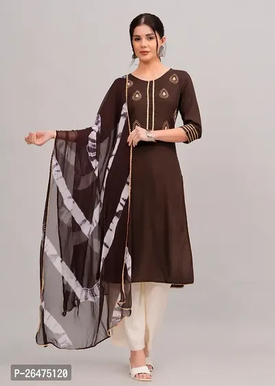 MAUKA-Brown Rayon Embroidered Women's Stitched Dupatta Set (pack of 1)