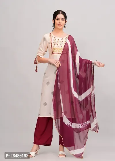 MAUKA-Beige Rayon Embroidered Women's Stitched Dupatta Set(pack of 1)