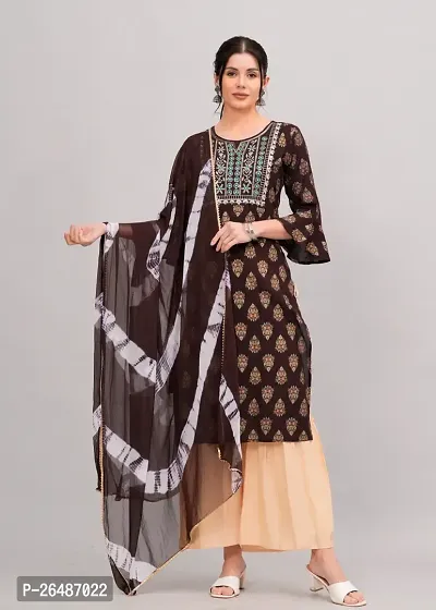 MAUKA-Brown Rayon Embroidered Women's Stitched Dupatta Set(pack of 1)