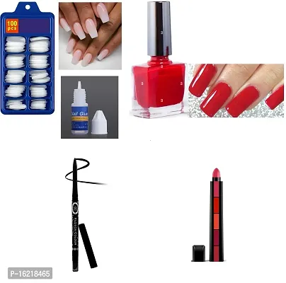 ARTIFIAL NAILS , RED NAIL PAINT , 5 IN 1 LIPSTICK, KAJAL