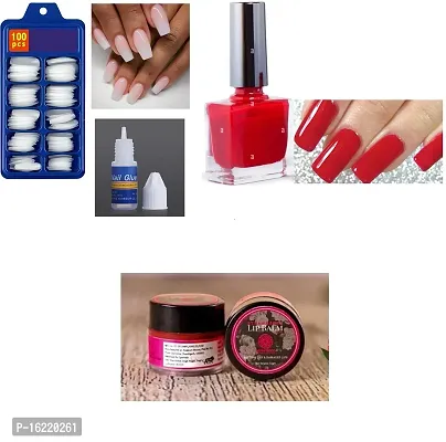 ARTIFICIAL NAILS , RED NAIL PAINT , LIPBALM