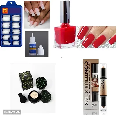 ARTIFICIAL NAILS WITH GLUE , RED NAIL PAINT , CONTOUR STICK , SUNISA FOUNDATION