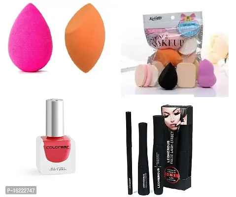 3 IN 1 MASCARRA , RED NAIL PAINT , MAKEUP SPONGE  KIT , 2 PC SPONGE