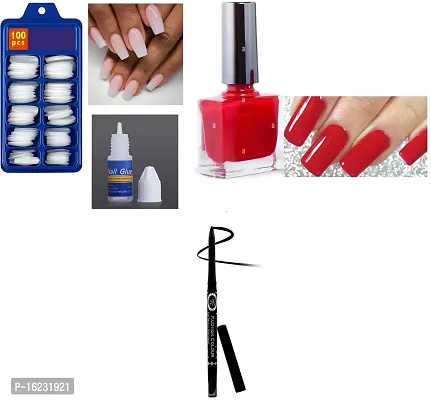 ARTIFICIAL NAILS WITH GLUE , RED NAIL PAINT , KAJAL