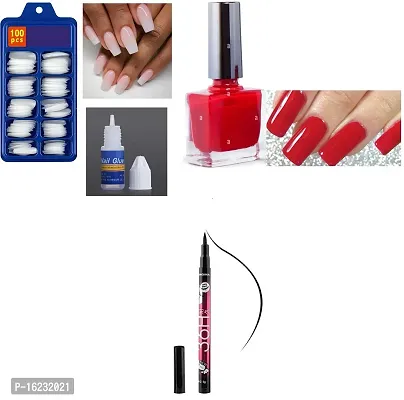 ARTIFICIAL NAILS WITH GLUE , RED NAIL PAINT , 36 H EYELINER