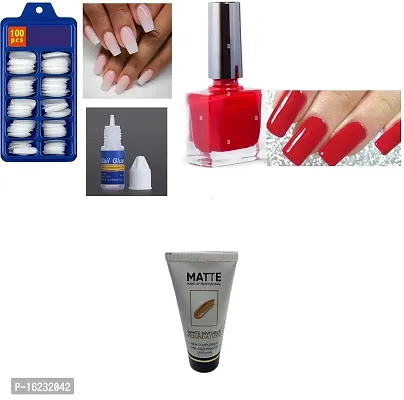 ARTIFICIAL NAILS WITH GLUE , RED NAIL PAINT , FACE FOUNDATION