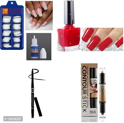 ARTIFICIAL NAILS WITH GLUE, RED NAIL PAINT , KAJAL , CONTOUR KIT