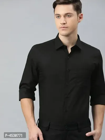 Black Cotton Blend Solid Casual Shirts For Men