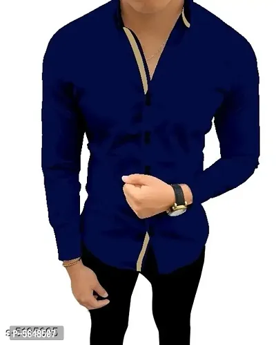 Navy Blue Cotton Blend Solid Casual Shirts For Men