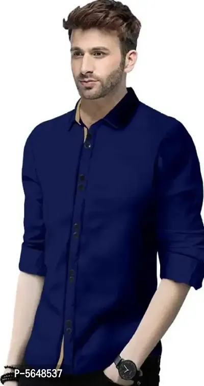 Navy Blue Cotton Blend Solid Casual Shirts For Men