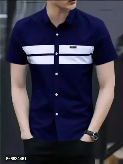 Navy Blue Cotton Blend Solid Casual Shirts For Men