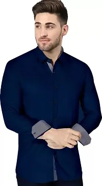 Navy Blue Cotton Solid Casual Shirts For Men-thumb2